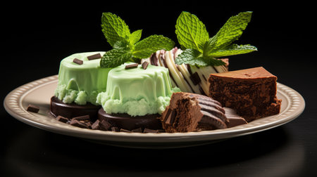 Chocolate ice cream with mint leaves on a plate on a black backgroundの素材