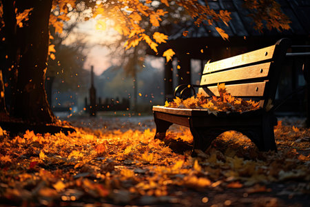 Autumn park bench with fallen leaves in the sunlight. Selective focus.の素材