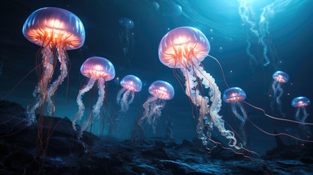 Jellyfish swimming in the ocean. 3D rendering of jellyfishの素材