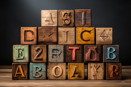 Wooden cubes with letters on a dark background.の素材