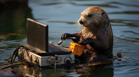 Otter and laptop on the river bankの素材
