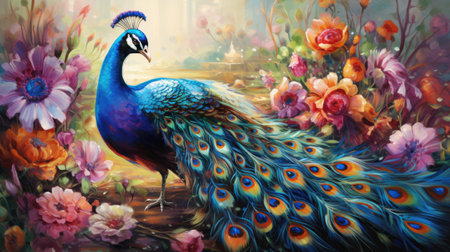 Beautiful peacock with colorful feathers on background of flowers.の素材