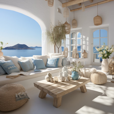 a modern living room with sea view and blue sofaの素材