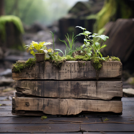 Old wooden planks with grass and flowers in a rustic styleの素材