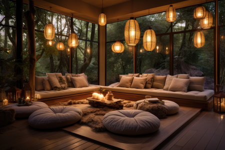 Luxury living room interior design with candles and cushions.の素材