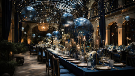 Wedding table in a restaurantrated with crystal balls.の素材