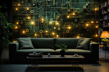 Interior of modern living room with dark green sofa, coffee table, bookshelf and glowing lights.の素材