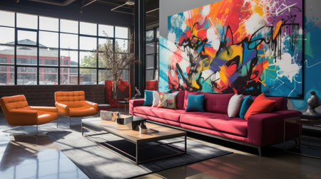Interior of modern living room with red sofa and orange armchairsの素材