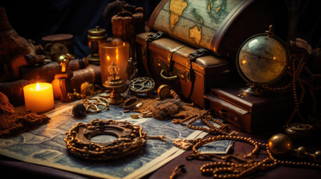 Vintage still life with treasure map, compass and other items.の素材