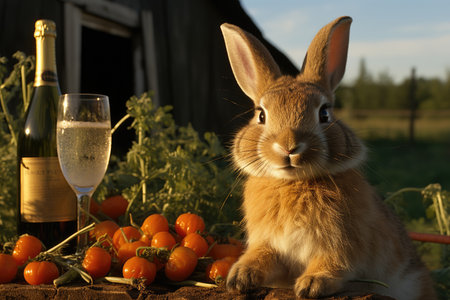 Rabbit with a glass of champagne and tomatoes on the background of the houseの素材