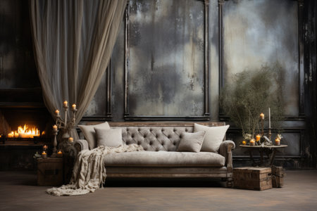 Interior of an old room with a sofa and candles.の素材
