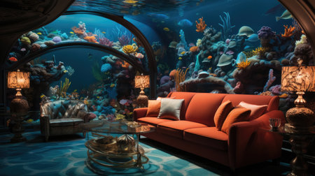 Tropical aquarium with coral reef and red sofa.の素材