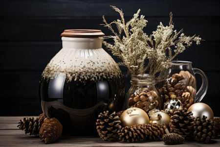 Christmas still life with glass jar, pine cones, balls and dried flowersの素材