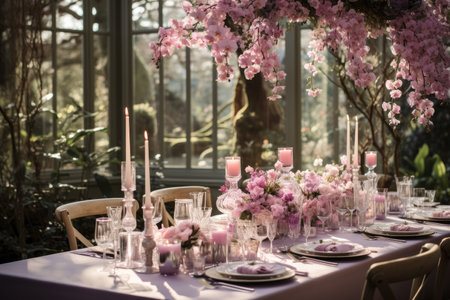 Wedding table decorated with pink flowers and candles in a restaurantの素材