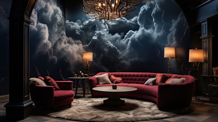 Luxury living room with red sofa, table and lamp.の素材