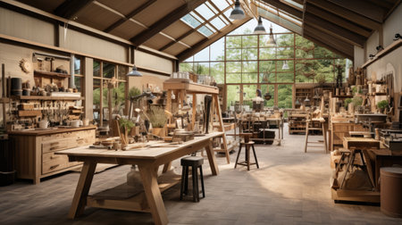 Interior of a pottery workshop with a lot of tools.の素材