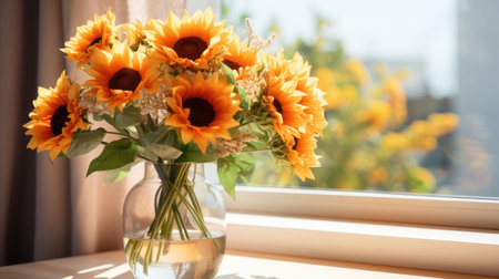 Bouquet of sunflowers in vase on window sillの素材