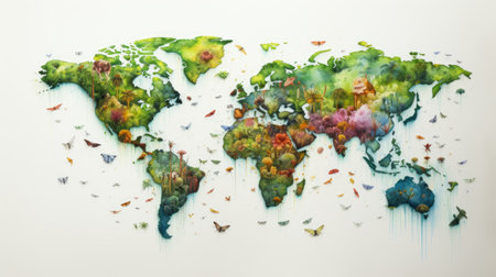 World map with butterflies and leaves.の素材
