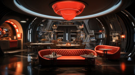 Interior of a cafe with a red sofa.の素材