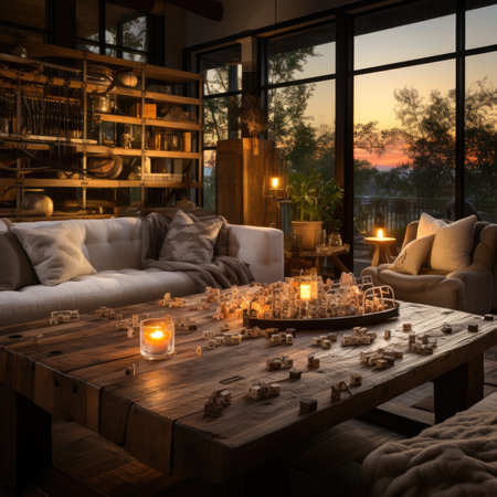 Cozy living room interior with furniture and candles.の素材