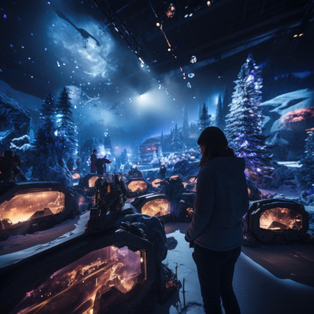 A girl in a black jacket stands in the middle of the night and looks at the fire in the cave.の素材