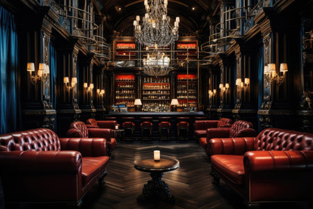 Luxury interior of a bar with red leather sofasの素材