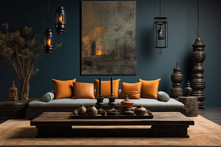 Interior of modern bedroom with dark blue walls, wooden floor, comfortable brown sofa with orange cushions and round coffee table.の素材