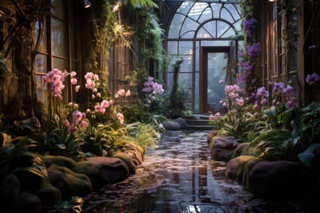 Flower garden at night with light reflection on the floor, vintage toneの素材