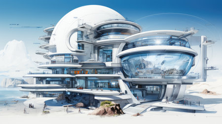 a futuristic building on the beach with mountains in the backgroundの素材