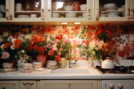 Kitchen interior with flowers and utensils on the countertoの素材