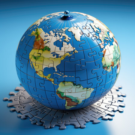 Puzzle globe with world map on blue background.の素材