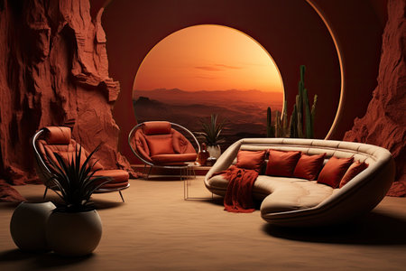 Interior of a modern room with a view of the desert.の素材