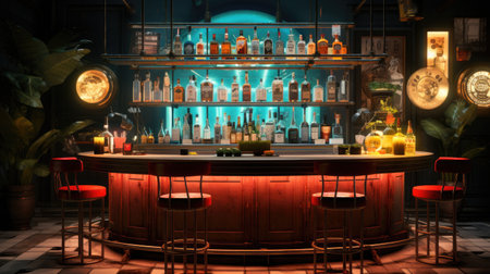 a night club bar interior with a bar counter and drinksの素材