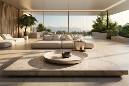 Luxury living room interior with a marble floor, a round coffee table and a white sofa.の素材
