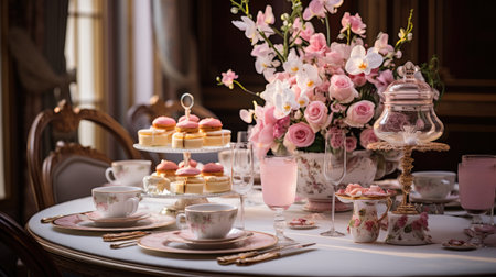 Beautiful table setting with cupcakes, crockery and flowersの素材