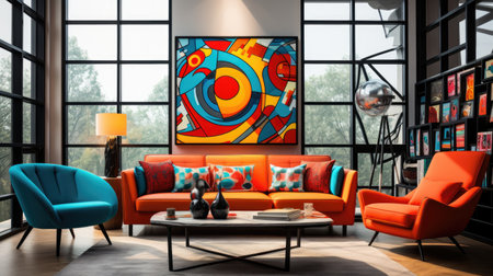 Interior of modern living room with orange and blue sofa, coffee table, coffee table and painting on wall.の素材