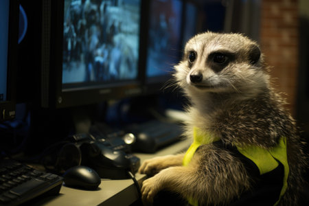 Meerkat sitting on the table in front of a computer monitorの素材