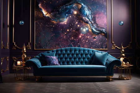 Luxury living room interior with blue sofa, armchair, golden candlesticks and planets in the sky.の素材