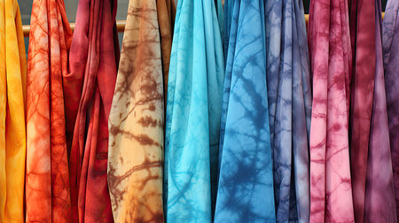 Colorful silk scarves hanging on a clothes rack in a shopの素材