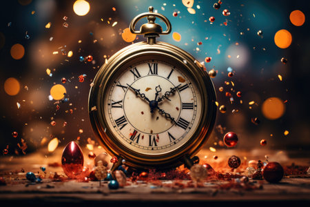 Vintage clock and Christmas decoration on dark background. New Year concept.の素材