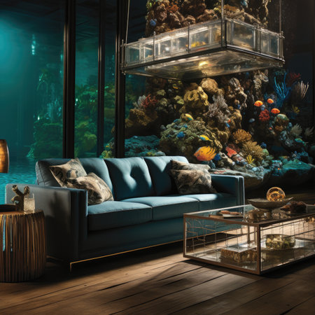 Interior of a living room with a blue sofa and a decorative aquarium.の素材