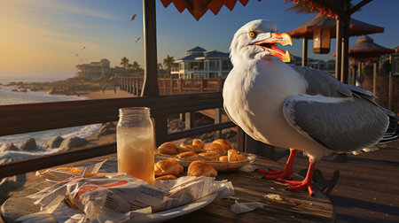 A seagull and a plate of bread on a wooden table by the seaの素材