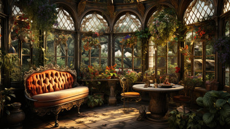 a botanic garden with a sofa and plantsの素材