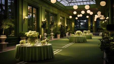 a restaurant interior with green and white furniture.の素材