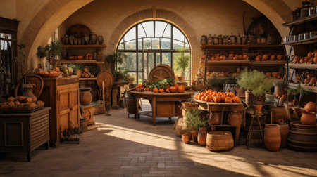 Vintage interior of shop with tangerines and vases on the shelvesの素材