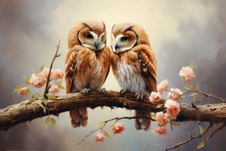Two beautiful owls sitting on a tree branch with pink flowers.の素材