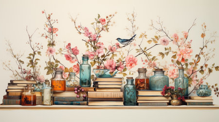 Vintage books and blue bird on wooden shelf with flower background.の素材