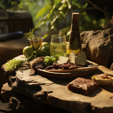 Still life with wine and snacks on a wooden table in the gardenの素材