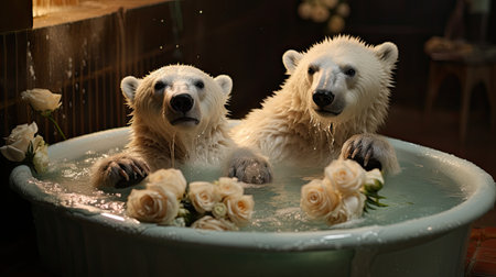 Two polar bears bathe in a bath with water and flowers.の素材