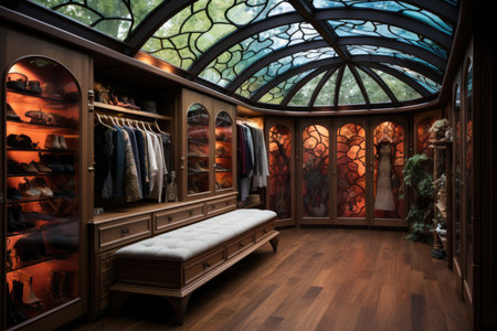 Interior of a dressing room with clothes hanging on the wall.の素材